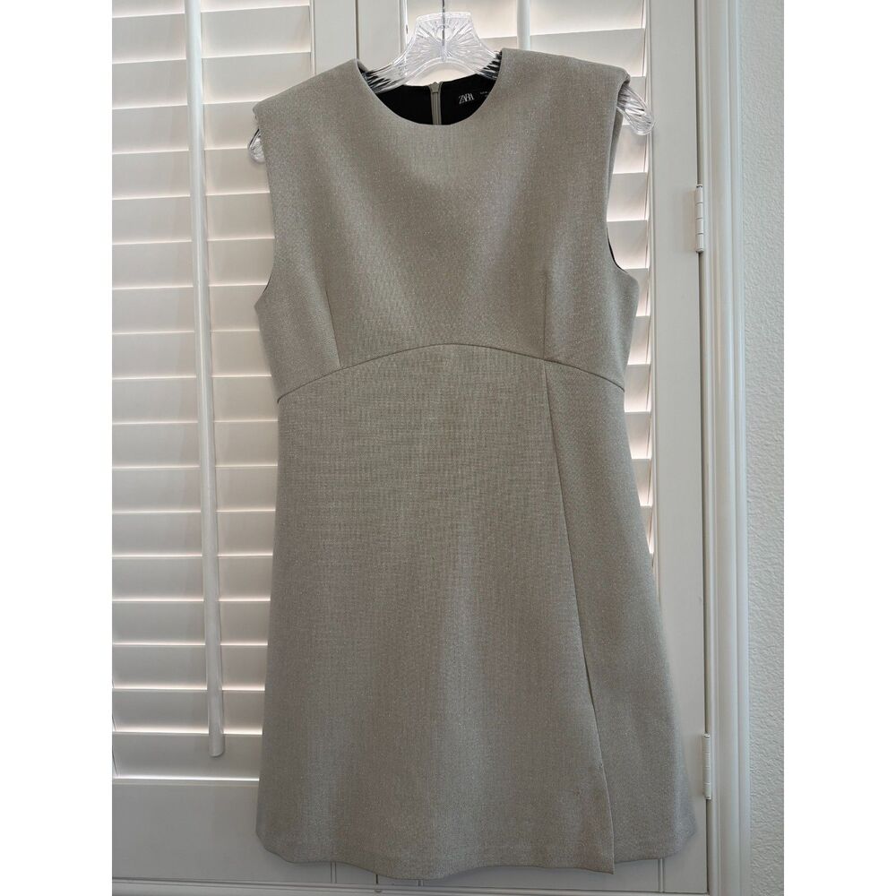 Zara Metallic Silver Shimmer Padded Shoulder Empire Mini Dress Medium